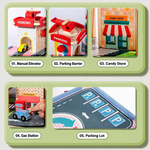 Parc de stationnement <span class=keywords><strong>en</strong></span> <span class=keywords><strong>bois</strong></span> à plusieurs niveaux, <span class=keywords><strong>garage</strong></span>, jouet pour enfants, <span class=keywords><strong>jeu</strong></span> éducatif précoce, <span class=keywords><strong>jeu</strong></span> de rôle, circuit de circulation, ensemble de véhicules - Product Image 4
