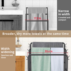 3-Layer <b>Wall</b> Mounted Non-Folding Bathroom Indoor/Outdoor Metal Towel Rack with 2 Detachable Storage Baskets 6 Hooks Blanket Rack - Product Image 3