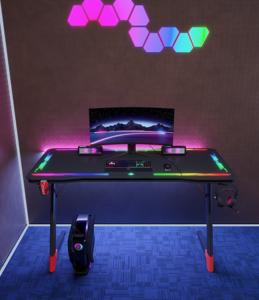 Escritorio <span class=keywords><strong>Gamer</strong></span> Ergonómico para Computadora Portátil de 1.2/1.4/1.6M con Iluminación LED RGB y Estantes para Monitor - Product Image 4