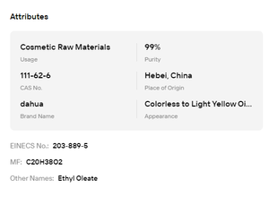 Oleato de etilo de grado cosmético con 99% de pureza, CAS 111-62-6, material base líquido, solvente, materia prima para aromas, fragancias y cuidado de la piel. - Product Image 6