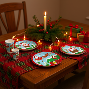 Ensemble de vaisselle jetable de Noël avec motif de rennes et du Père Noël, assiettes en papier de 7 et 9 pouces, gobelets de 3 et 5 pouces, fournitures pour dîner de fête - Product Image 2