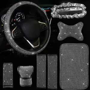 Conjunto de accesorios de decoración de coche con diamantes de imitación brillantes, cinturón de seguridad de cristal para coche, cubierta para volante de freno de mano