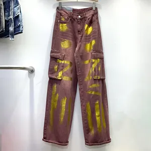 Vintage Hoge Taille Brede Rechte Pijpen Metallic Wax Gecoat Goud Geschilderde Print Cargo Zakken Baggy Denim Jeans Lange Broek Broek