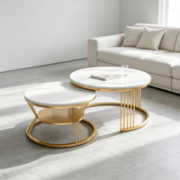 Ensemble de tables basses gigognes de luxe, plateau effet marbre blanc, structure en métal doré, 2 pièces, table à thé, salon, hôtel