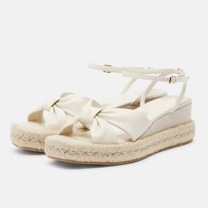 Sandalias de tacón alto de cuña para mujer, con materiales trenzados elegantes, punta abierta, lazo anudado, zapatos de plataforma de talla grande 45 de ajuste ancho - Product Image 1