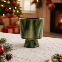 Vase de table en céramique Art Déco vert foncé à rayures verticales, forme ronde, marque Jueheng, avec glaçure craquelée