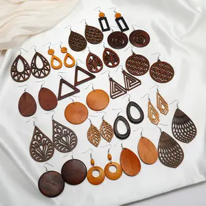 Fashion Hot Selling Geometric Hollow Wooden Earrings Drop Water Shaped Tree Pendant Wooden Earrings For Women