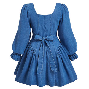 Robe mini en jean pour femme à col <span class=keywords><strong>carré</strong></span> et manches bouffantes, avec dos noué et ourlet à volants, coupe trapèze, Sehe Fashion - Product Image 2