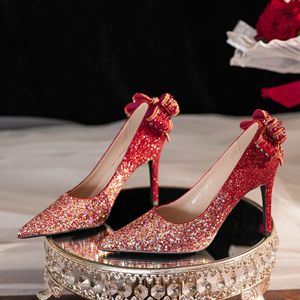 <b>Red</b> <b>Glitter</b> Stiletto Heel Pumps Pointed Toe Bow Decoration Bridal Wedding Shoes 9000B-016 Super High 8cm Up - Product Image 1