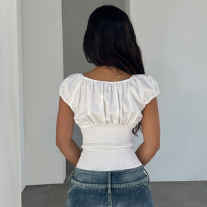 Camiseta de Verano para Mujer con Bordado Floral Tejido, Transpirable, Manga Corta, Cuello en V, Cinturón Delantero con Lazo, Elástica y Fruncida, Ideal para el Día a Día - Product Image 6