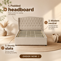 Lit en tissu moderne de taille King Size avec cadre en bois et panneaux en contreplaqué, facile à assembler, vente en gros