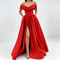 Robe de soirée longue en satin pour femme, épaules dénudées, fente haute, coupe trapèze, idéale pour mariage, fête ou banquet