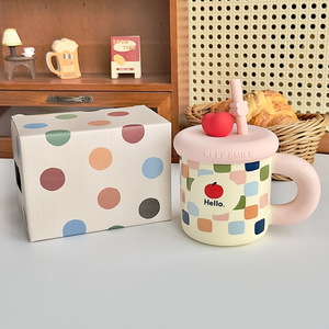 Creative pink Milk Coffee Cup Cute apple Mug Ceramic Water Mug with Straw - Product Image 4