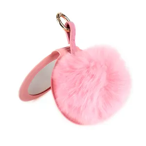 粉色小毛茸茸折叠可爱钥匙扣镜子定制PU口袋手镜批发便宜可爱小礼物给女孩