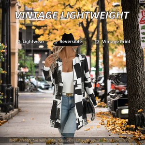 Veste imprimée noire et blanche pour femme, cardigan léger à manches longues, fermeture éclair sur le devant, vêtement d'extérieur décontracté pour l'automne - Product Image 2