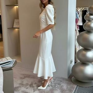 Robe midi élégante en satin blanc, col en V, manches bouffantes, ourlet évasé, tenue de soirée, robe décontractée de printemps - Product Image 4