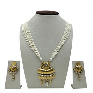 Elegant 925 Silver Pearl <b>Beaded</b> Necklace <b>Set</b> Traditional Pendant and Matching Stud Earrings Wedding Festive Wear - Product Image 1