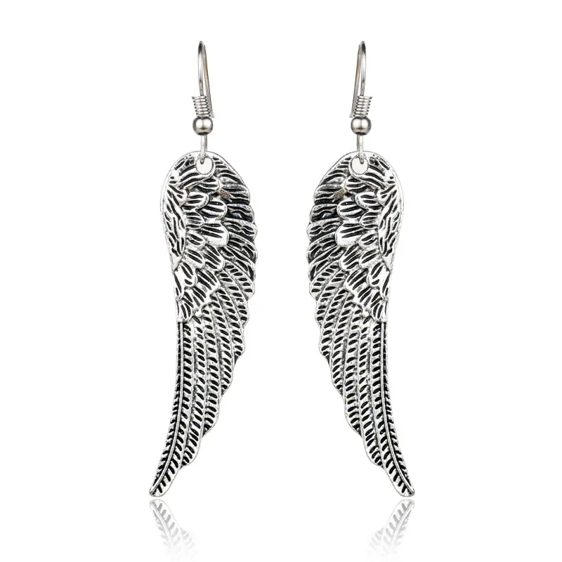 ZRM Punk Retro Angel Wings Earrings Drop Feather Silver Hanging Dangle Metal Earring For Women Girls Gothic Jewelry