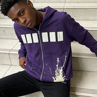 OEM/ODM Maßgefertigter Leder-Patch Applikation Logo Zip-Hoodie für Herren Handbemalter Farbspritzer-Sweatshirt Übergroßer French Terry Frühlings-Pullover