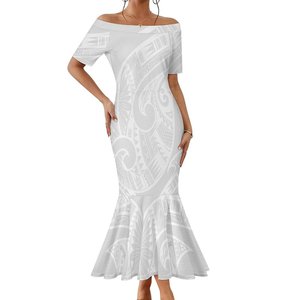 2024 Envío de la gota Polynesian Samoan Tribal White One-shoulder Vestido de cola de pez de manga corta Vestidos de sirena ajustados personalizados - Product Image 4