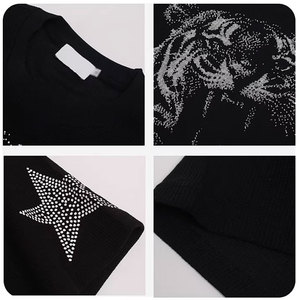 Camiseta de Manga Corta para Hombre, Estilo Urbano, 230g, Tejido Combinado, Estilo Vintage Hip Hop Oscuro, Diseño Rey León con Pedrería, Detalle de Estrella - Product Image 3