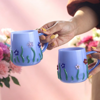Mug en verre bleu 3D fait main avec poignée, motif floral en relief, tasse à boire mignonne pour café, lait, thé