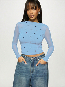 New Womens Mesh Long Sleeved Slim Solid Color <strong>T</strong> <strong>Shirt</strong> with Sequin Decoration <strong>Sparkly</strong> Party Night Out Bodycon - Product Image 6