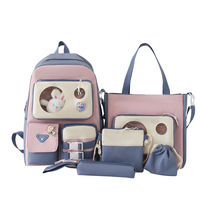 Tas Ransel Kanvas Grosir Desain Baru Wanita Kapasitas Besar 5-in-1 Set Siswi Lucu Boneka Plush Tas Ransel Dompet