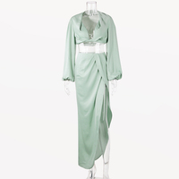 Ensemble deux pièces sexy pour club, haut court à col en V et jupe fendue, couleur unie, en satin, manches longues, pour femme, collection automne