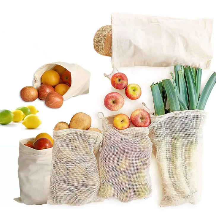 Ensemble de sacs d'épicerie Eco Net Farmers Market, sacs économiseurs de produits à ficelle, grands sacs réutilisables en coton biologique pour le stockage des aliments