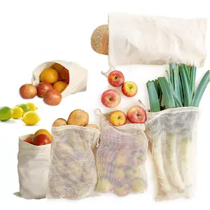 生态网农贸市场杂货购物袋套装，字符串生产储蓄袋，食品储存友好可重复使用的大有机棉