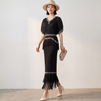 Robe plissée décontractée pour femme avec strass et franges, manches chauve-souris, style Miyake, qualité supérieure, vente en gros