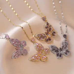 DAIHE-NC6214 Butterfly Colored Zircon Gradient Fashion Pink Love Customized 925 Silver Necklace For Dating Women