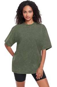 เสื้อยืดคอกลมโอเวอร์ไซส์สำหรับผู้หญิง สีเขียวล้วน ผ้าฝ้าย 100% ทรงหลวม แขนสั้น ความยาวปกติ ระบายอากาศได้ดี แบบถัก - Product Image 2