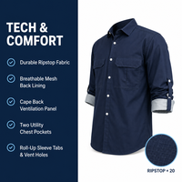 Kemeja Kerja Pria Logo Kustom Biru Dongker Bahan Polyester Kasual Kancing Depan dengan Saku Seragam OEM untuk Kantor & Staf