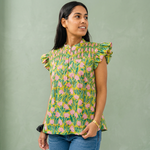 Blusa de Algodón Popelín con Estampado Floral Digital, Manga Corta, Cuello en V, Volantes, Corte Regular, para Oficina - Product Image 6
