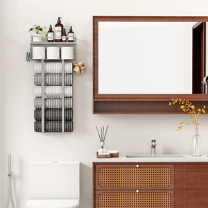 Bathroom Wall Mounted Vertical <strong>Towel</strong> Rack Bath Storage Holder Toilet Rolled <strong>Towel</strong> Shelf Organizer Rack Shelf with Storage Basket - Product Image 4