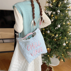Sac en toile automne-hiver, broderie de lettres coréennes, sac à main matelassé, sac messager, forme carrée, léger, grande capacité - Product Image 3