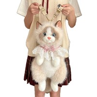 Sac à dos en peluche chat réaliste, sac en forme d'animal en peluche doux, gris et blanc, avec col en dentelle et nœud, cadeau unisexe, design chaton de dessin animé, 31-50cm