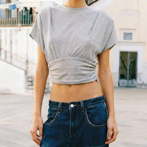 Camiseta Corta Gris Plisada con Mangas Murciélago para Mujer, Estilo Casual, para Uso Diario en Verano 2026 - Product Image 1