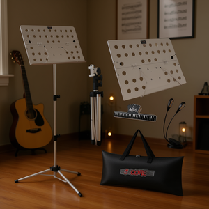 Support de partitions pliable portable 5-en-1 en fer, réglable en hauteur, avec pince lumineuse et sac de transport pour guitaristes - Product Image 2
