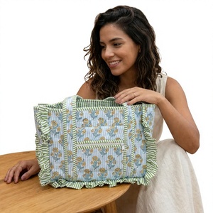 Premium Handmade Quilted Cotton Frill Mini Tote Bag Floral Block Print Shoulder Handbag Reusable Eco Friendly <b>Small</b> <b>Shopping</b> Bag - Product Image 1