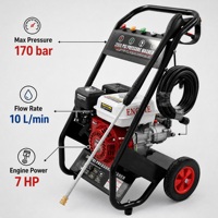 Hidrolavadora de Alta Presión con Motor de Gasolina de 7HP, 170 bar, 10L/min, con Ruedas, para Limpieza en Exteriores