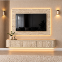 Lemari TV Gantung MDF Motif Batu dengan Ujung Melengkung, Lampu LED Hangat, Konsol Media Dinding, Warna Dapat Disesuaikan