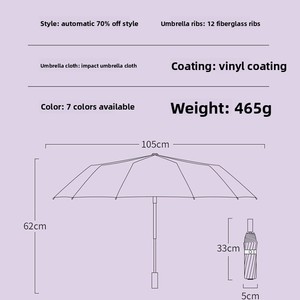 Parapluie d'affaires pliant automatique noir à 12 baleines, protection UV, double armature 12K pour jours ensoleillés et pluvieux - Product Image 3
