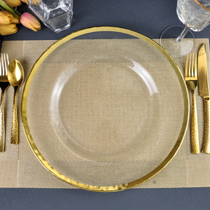 <span class=keywords><strong>Sottopiatti</strong></span> in Vetro con Bordo Dorato e Texture Martellata, Piatto Base Trasparente per Matrimoni, Feste, Casa, Hotel, Decorazione Tavola - Product Image 1