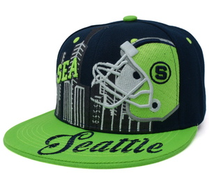<span class=keywords><strong>Gorra</strong></span> Snapback Personalizada con Bordado 3D, Diseño <span class=keywords><strong>de</strong></span> Casco <span class=keywords><strong>de</strong></span> Fútbol Americano SEA, Color Verde Lima y Azul Marino, Colección SS26 Seattle New Leader Downtown, para el Equipo <span class=keywords><strong>de</strong></span> Fútbol <span class=keywords><strong>de</strong></span> la Ciudad - Product Image 1