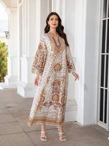 Abito lungo da donna musulmano Casual Abayas stampato con strass ricamato in poliestere Hijab - Product Image 3