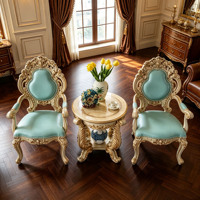 Ensemble de chaise d'appoint et table d'appoint de style vintage européen, cadre en bois massif sculpté à la main, revêtement en cuir, meubles de salle à manger et de loisirs