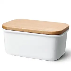 ceramic butter dish Large Butter Dish - Porcelain Keeper with Beech Wooden Lid, Perfect for 2 Sticks of Butter, White